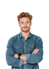 Portrait of confident young man in denim shirt lifestyle neutral isolated on transparent background