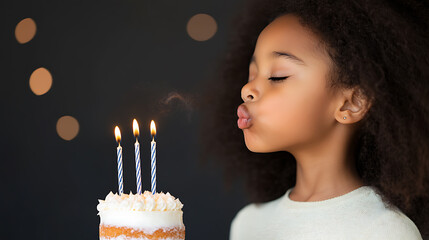 Girl blowing out birthday candles on a small cake, eyes closed, with a black background. The candles are lit and there are bokeh lights in the background.