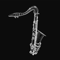 Obraz premium Saxophone sketched in black and white stands out against a dark background, showcasing elegant curves and intricate details. The minimalist composition highlights the instrument's timeless appeal.