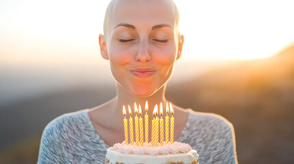 Birthday joy: Woman blowing out candles on a cake outdoors, celebrating life with a smile.  Moment of happiness. Serene celebration.