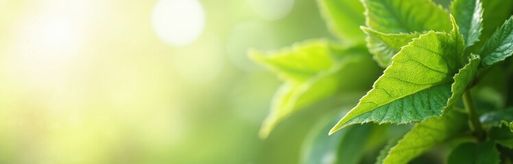 Green leaves on blurred green plants background. Sunlight shines on fresh plants creating natural green landscape. Eco-friendly, fresh wallpaper for eco concept. Summer season and spring growth.