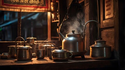  A tea stall scene with kettle steaming and glasses on a wooden counter — moody lighting, village chai vibe