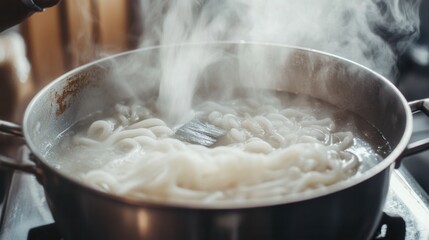 Cooking udon noodles in boiling water on stove top for asian cuisine recipe concept