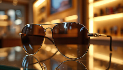 Stylish sunglasses displayed in luxury store. Gold frames with brown tinted lenses, fashion accessory detail. High-end design, modern optics. Reflective surface. Trendy eyewear for sale.