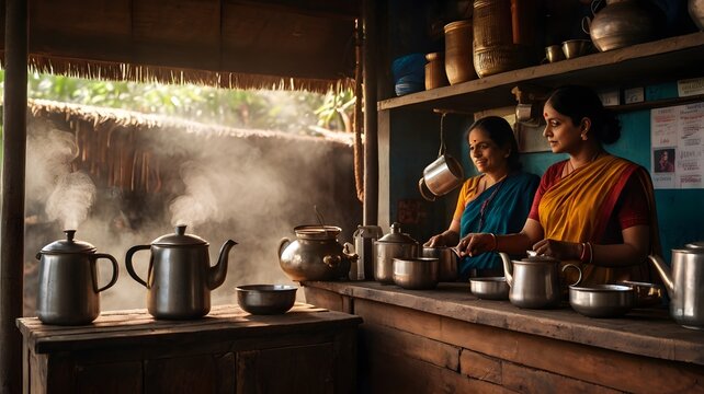 A tea stall scene with kettle steaming and glasses on a wooden counter — moody lighting, village chai vibe 2 - Powered by Adobe