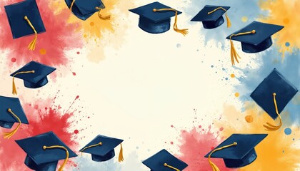 Illustration celebrating graduation class of 2025. Graduation caps frame empty space for text, message, announcement. Splatter paint background, celebratory design perfect for academic events,