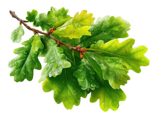 Lush green oak leaves with water droplets nature isolated on transparent background