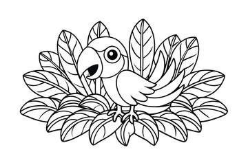 Naklejka premium A smiling parrot perched on a leafy tropical plant happily for kids coloring book vector illustration.