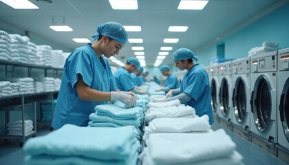 Hospital staff meticulously handle linens uniforms, ensuring top sanitation. Laundry workers, wearing blue scrubs, operate in facility with advanced cleaning equipment. Hygiene standards crucial for