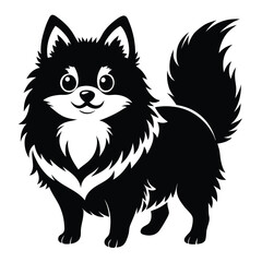 Adorable Pomeranian Puppy Black and White Silhouette Sweet Smiling Face Canine Companion Playful Pet Cute Friendliness Vector Art
