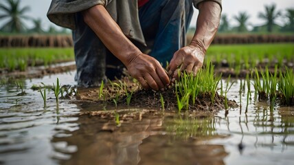 Close-up of hands planting rice seedlings in a flooded paddy field &mdash; shallow depth of field with strong texture