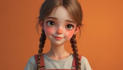 Charming portrait of young girl with freckles, pigtails. Orange backdrop. Girl with cute smile, kind eyes. Close-up shot with positive expression. Perfect for child-related projects, beauty, fashion.