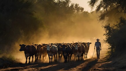 Daily cattle herding scene at dusk — silhouettes of cows and a herder walking down a dirt road 2