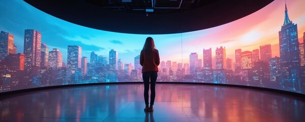 Woman views modern immersive art installation featuring panoramic digital cityscape with vibrant colors. Digital media wall shows futuristic metropolis scene. Museum, gallery, exhibition, artistic