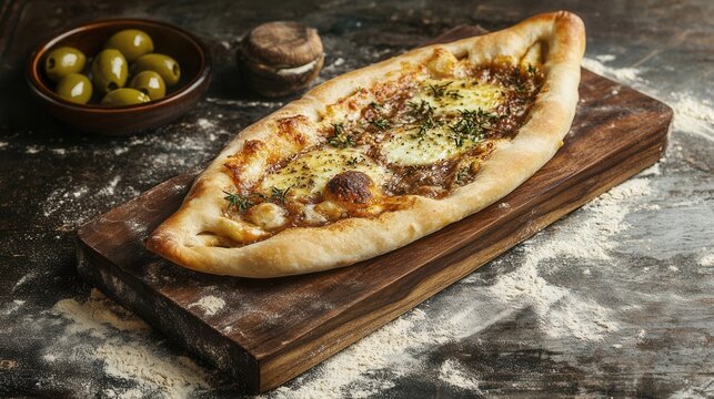 Delicious turkish pide with cheese and olives on a wooden board, gourmet food photography