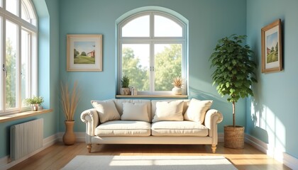 Cozy living room in French Country style with blue walls. Interior design features sofa framed pictures, plants, wooden floor. Bright natural light from arched window, creating inviting, warm