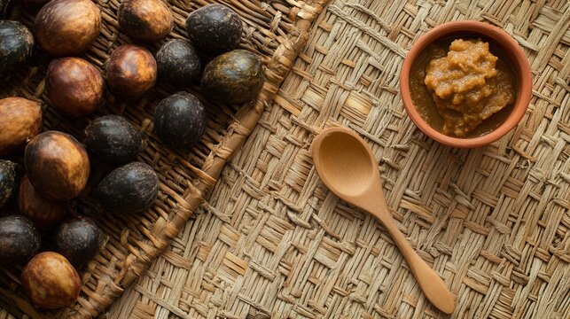 Miso paste in bowl with wooden spoon and nuts on woven mat for asian food photography