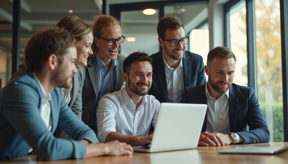 Fototapeta premium Team of business people collaborating. Modern office, group of professionals discussing ideas, working with laptop, smiling. Digital interaction, teamwork, brainstorming meeting, partnership.