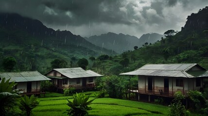 Obraz premium Monsoon rain falling on tin roofs and lush green landscape — dramatic weather mood, high realism