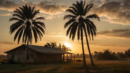 Obraz premium Sunrise behind palm trees in a rural homestead — early morning golden tones, silhouette shadows 2