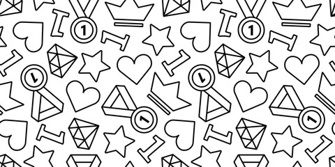 Pattern with Leadership symbols - First, medal, crown. Seamless Print with outline icons of heart, star and diamond. Background for Best, champion, Winner. Linear contour elements. Vector illustration