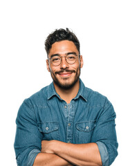 Confident man smiling in denim shirt portrait warm atmosphere isolated on transparent background