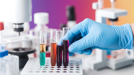 Scientific research involves experiments with colorful test tubes. The gloved hand signifies laboratory professionalism and control in a modern setting.