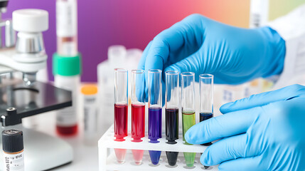 Lab worker handling test tubes of colorful liquids. Science research and medical analysis in a laboratory setting. Gloved hands, lab equipment, and chemical tests.