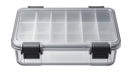 A plastic container with a compartmentalized lid, designed for sorting beads and jewelry-making supplies in a studio.