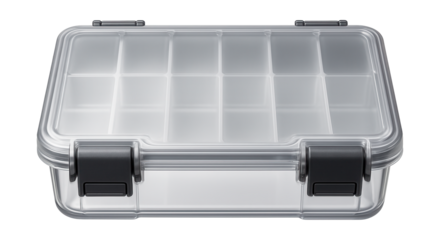A plastic container with a compartmentalized lid, designed for sorting beads and jewelry-making supplies in a studio.