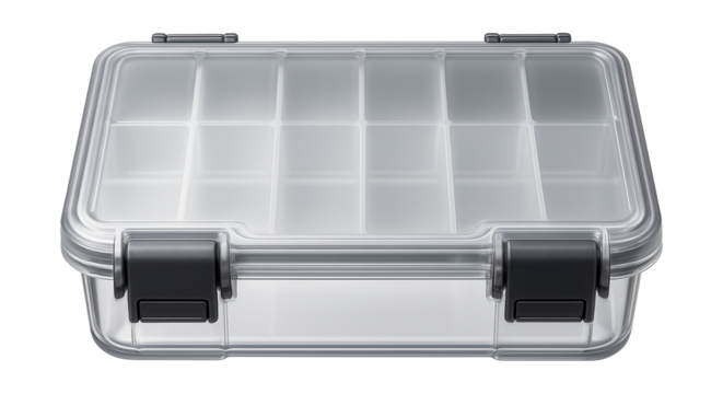 A plastic container with a compartmentalized lid, designed for sorting beads and jewelry-making supplies in a studio.
