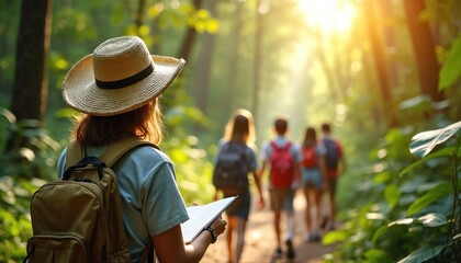 Teacher leads students on nature trip through forest. Exploring rich biodiversity, students study plants wildlife, enjoying outdoor learning. Education, discovery, adventure, environmental study,