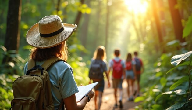 Teacher leads students on nature trip through forest. Exploring rich biodiversity, students study plants wildlife, enjoying outdoor learning. Education, discovery, adventure, environmental study,