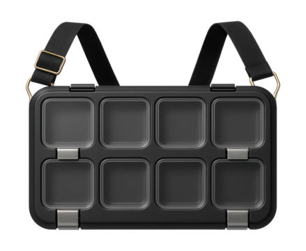 An ergonomic, lightweight sectioned container with a shoulder strap, designed for carrying tools in a small workshop.