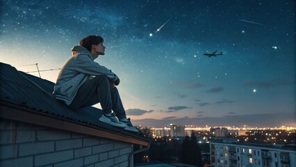 Fototapeta premium Boy sits on a rooftop gazing at the night sky filled with stars, a passing airplane, and a shooting star
