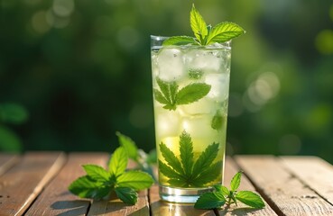 Fototapeta premium Refreshing cannabis-infused beverage served in tall glass. Cold drink with ice cubes, cannabis leaves and mint leaves. Drink placed on wooden table in outdoor garden. Healthy food drink.