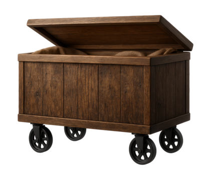 A wooden storage chest on wheels with a rustic finish, perfect for a country-style living room.