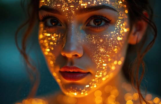 Woman face overlaid glowing circuit board pattern. Symbolizes tech integration with humanity, AI. Gold, abstract, modern design, futuristic concept of human augmentation, digital art. Beauty portrait.