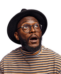 Surprised man looking up portrait isolated on transparent background
