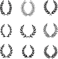Nine black laurel wreaths silhouettes design elements