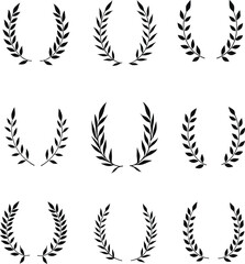 Nine simple black silhouette laurel wreaths
