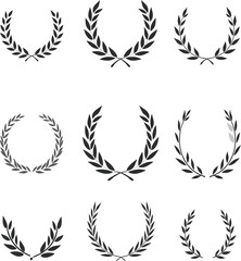 Nine black silhouette laurel wreaths award icons