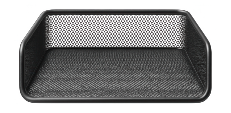 A metal mesh letter tray, suitable for stacking incoming and outgoing mail in a private home's entryway.