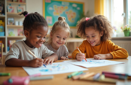 Three diverse children happily draw with pencils during art class. Kids in classroom together. Early education, creativity development, fine motor skills. Learning project, homework. Cheerful
