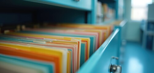 Close-up of files in medical records archive. Paperwork inside cabinet drawers at doctor office. Healthcare data storage. Clinic library. Administrative records, documents filing.