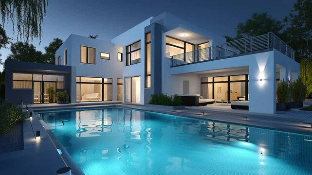 Mansion  blanca contemporanea de lineas rectas, dos plantas, porche y salida a la piscina, en finca individual de noche