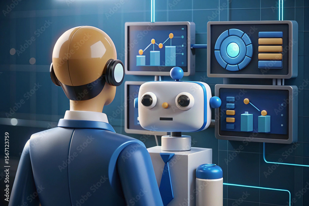 Poster humanoid and robot work together analyzing data with charts and screens in a futuristic technologica