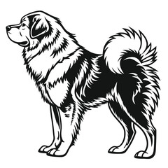 Majestic Tibetan Mastiff Illustration Full Body Profile in Black and White Vector Detailed Artwork of a Beloved Pet