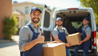 Smiling movers in uniform with cardboard boxes showing thumb up near minivan. Delivery men team carries boxes into van. Relocation, business transport service. Successful move.