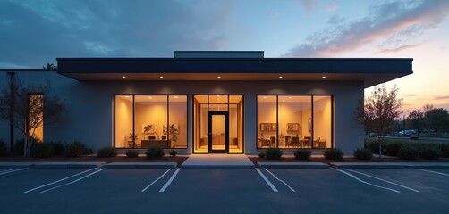 Modern small business office building exterior with large windows. Sunset colors in the sky. Contemporary architecture with commercial construction. Office space. Workplace concept. Building facade.